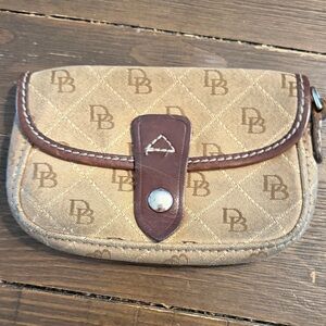 Dooney & Bourke Tan and Brown Logo Canvas Wristlet Clutch